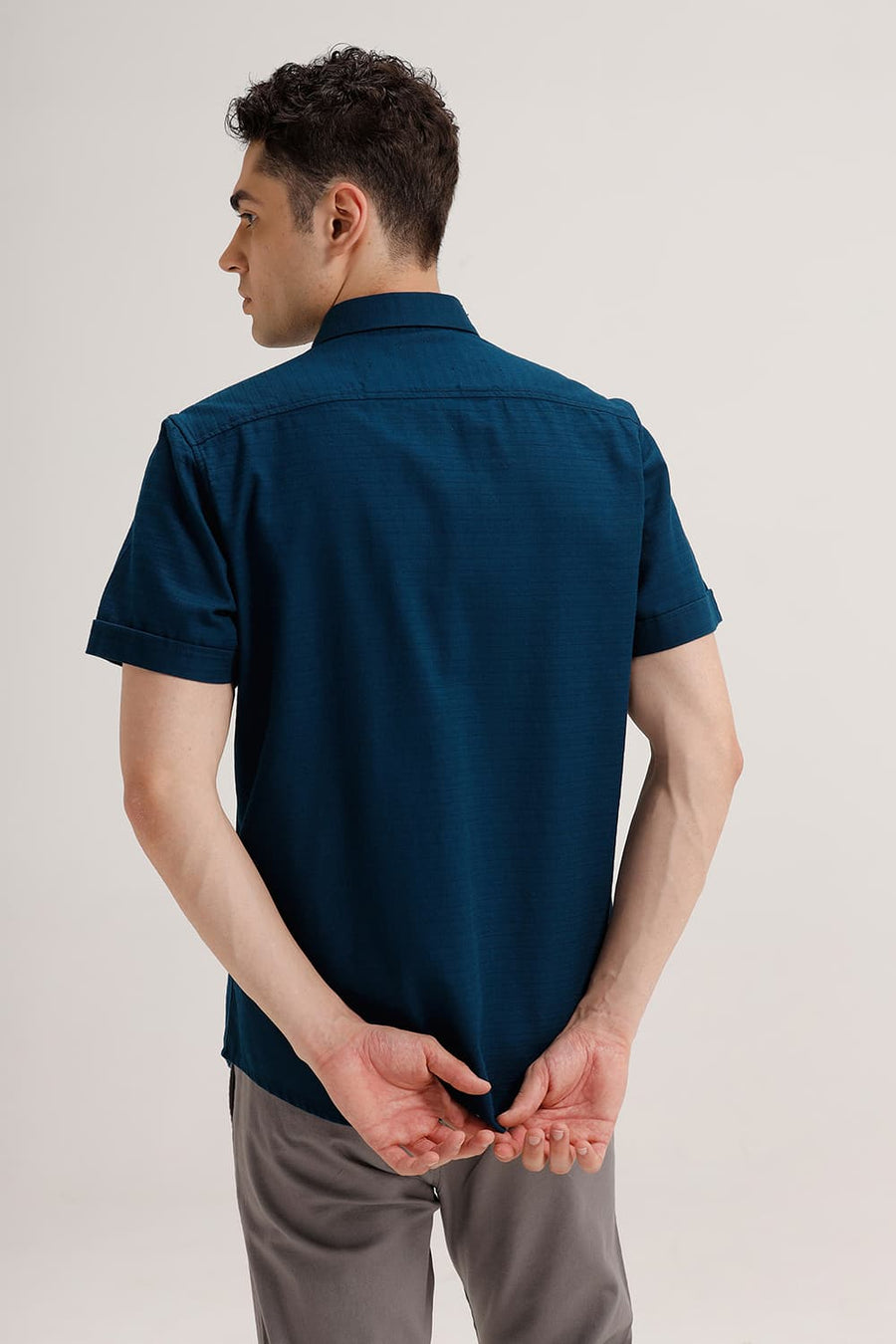 BASICS SLIM FIT MOROCCAN BLUE COTTON DOBBY WEFT STRIPE HALFSLEEVES SHIRT