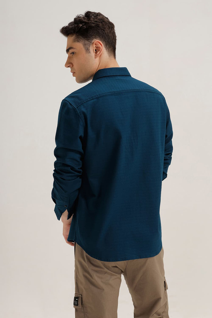 BASICS SLIM FIT MOROCCAN BLUE COTTON DOBBY WEFT STRIPE SHIRT