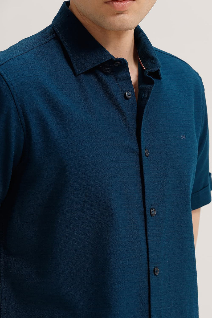 BASICS SLIM FIT MOROCCAN BLUE COTTON DOBBY WEFT STRIPE HALFSLEEVES SHIRT