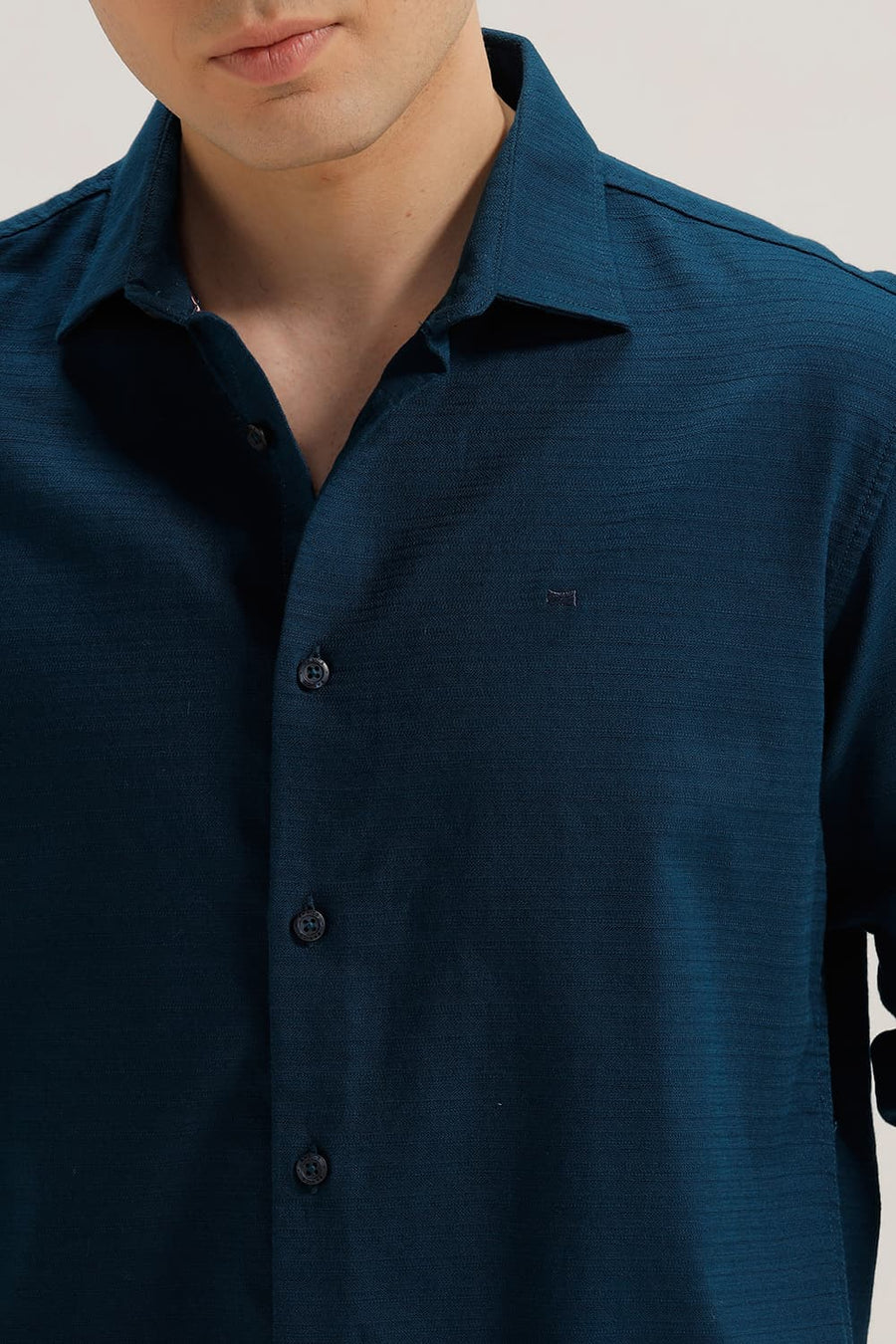 BASICS SLIM FIT MOROCCAN BLUE COTTON DOBBY WEFT STRIPE SHIRT