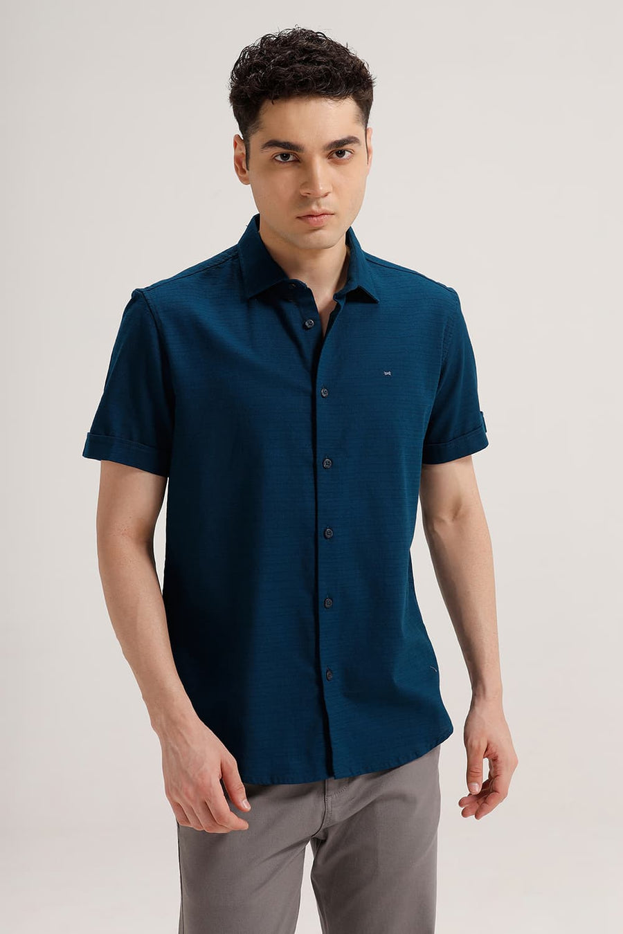 BASICS SLIM FIT MOROCCAN BLUE COTTON DOBBY WEFT STRIPE HALFSLEEVES SHIRT