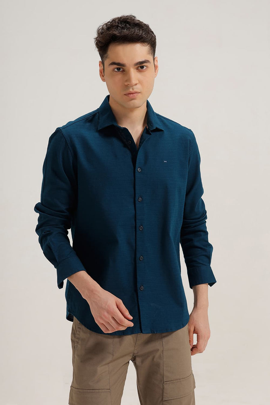BASICS SLIM FIT MOROCCAN BLUE COTTON DOBBY WEFT STRIPE SHIRT