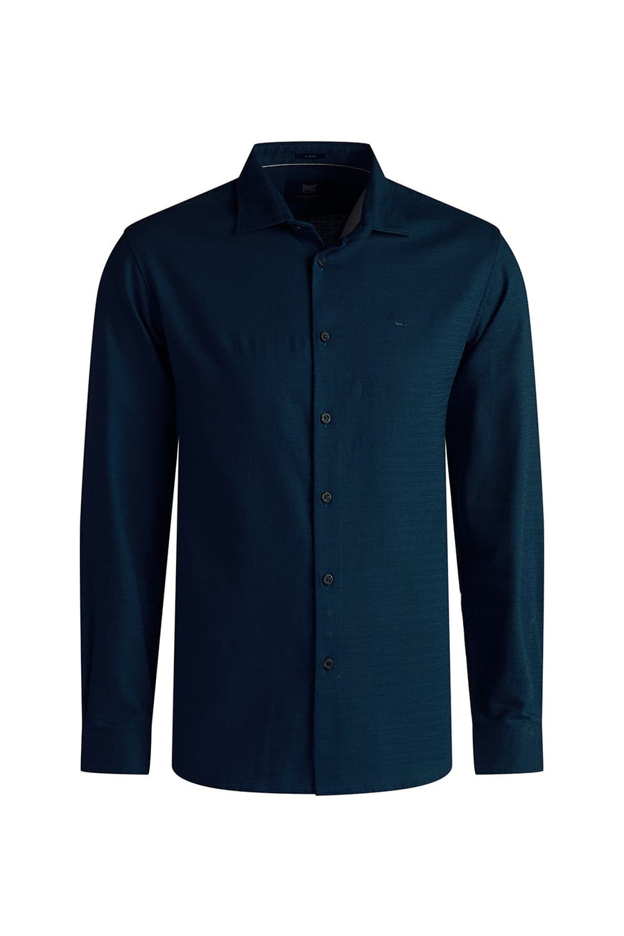 BASICS SLIM FIT MOROCCAN BLUE COTTON DOBBY WEFT STRIPE SHIRT