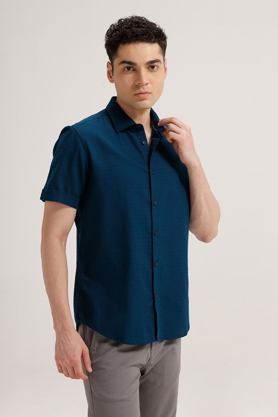 BASICS SLIM FIT MOROCCAN BLUE COTTON DOBBY WEFT STRIPE HALFSLEEVES SHIRT