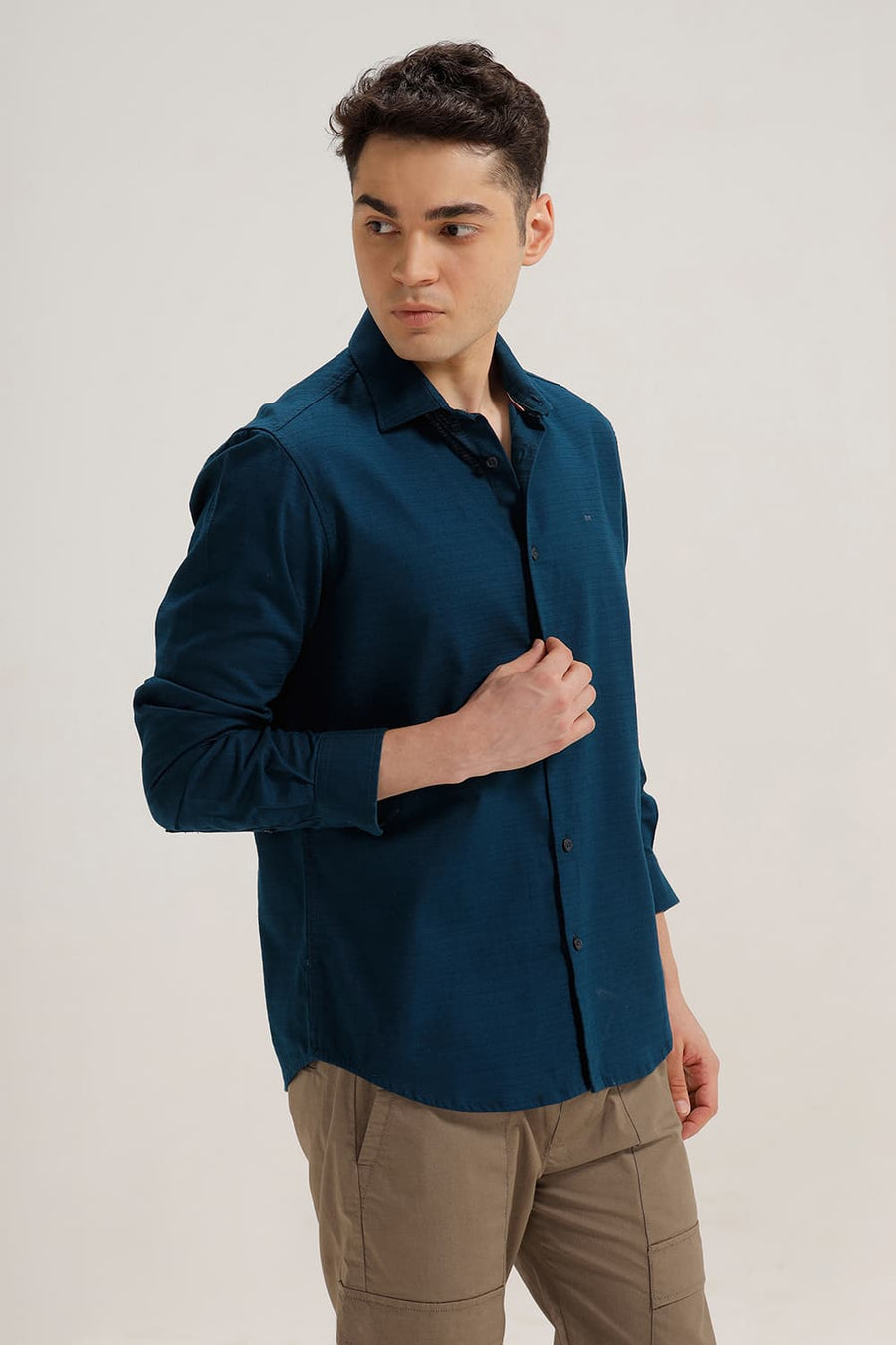 BASICS SLIM FIT MOROCCAN BLUE COTTON DOBBY WEFT STRIPE SHIRT