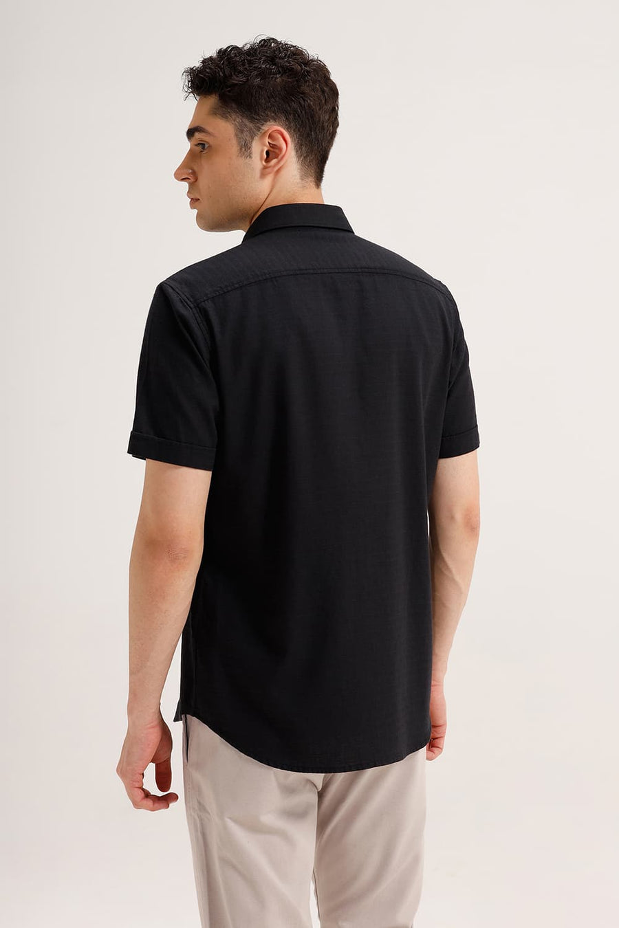 BASICS SLIM FIT BLACK INK COTTON DOBBY WEFT STRIPE HALFSLEEVES SHIRT
