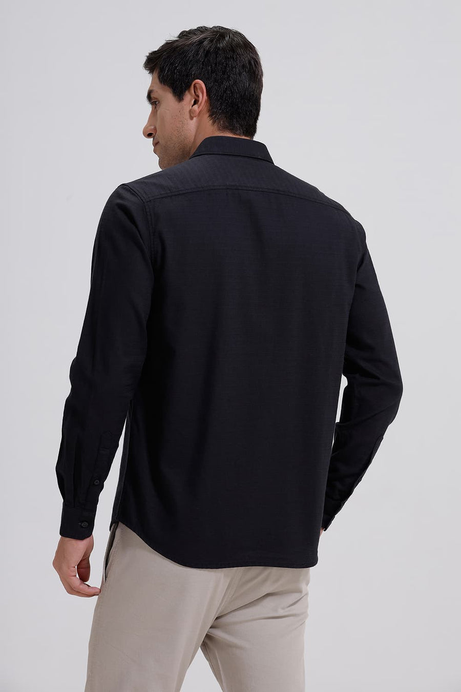 BASICS SLIM FIT BLACK INK COTTON DOBBY WEFT STRIPE SHIRT