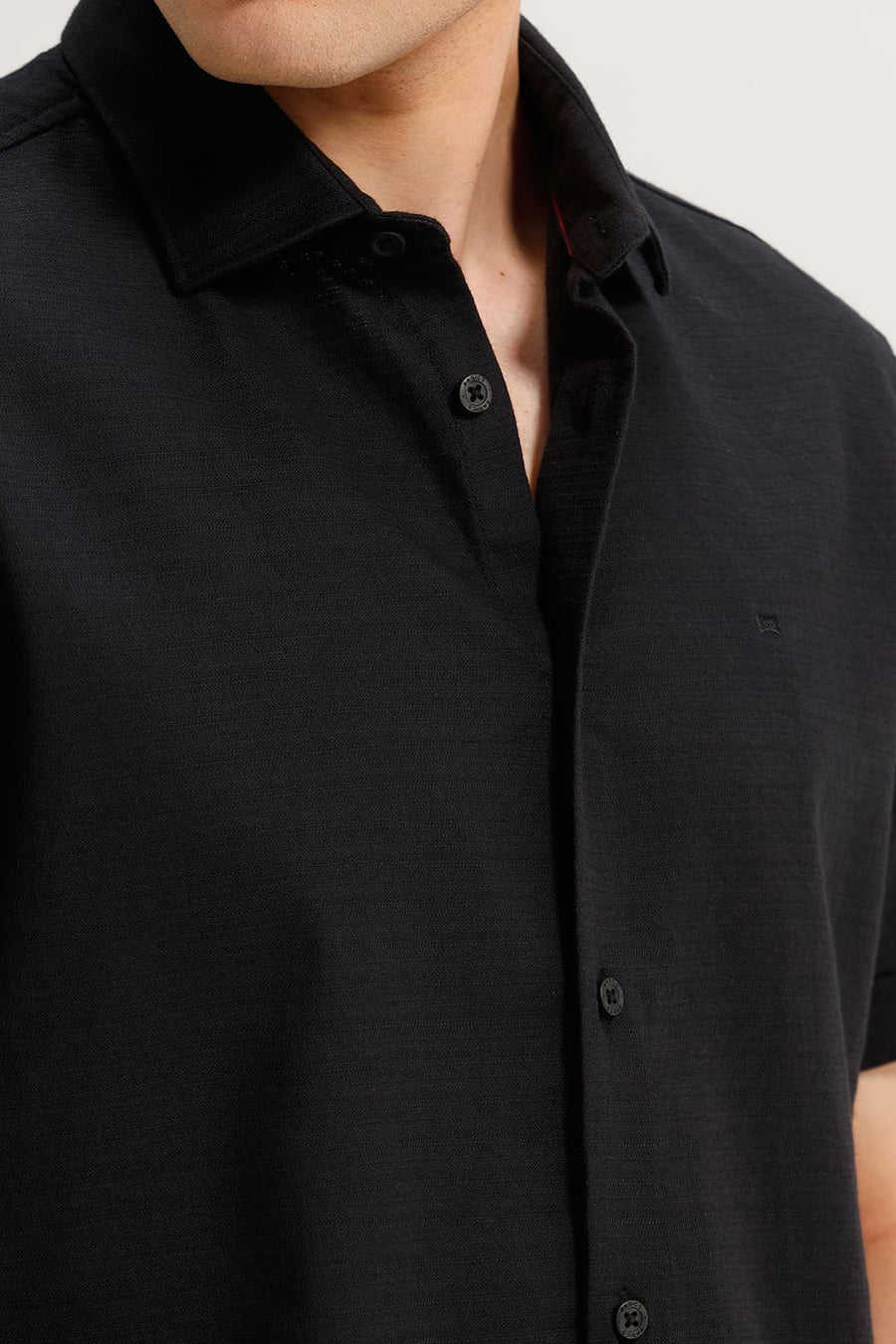 BASICS SLIM FIT BLACK INK COTTON DOBBY WEFT STRIPE HALFSLEEVES SHIRT