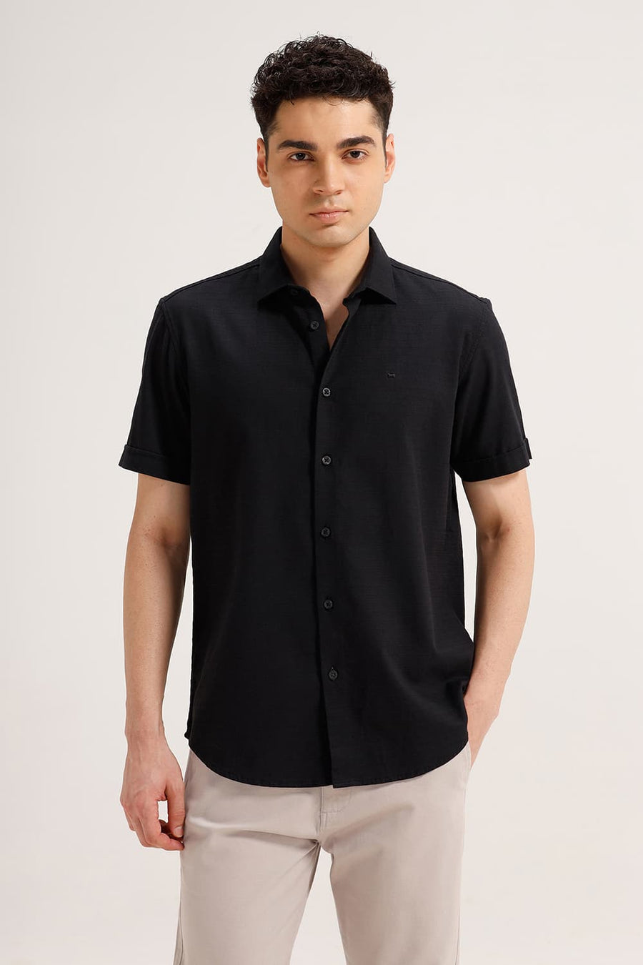 BASICS SLIM FIT BLACK INK COTTON DOBBY WEFT STRIPE HALFSLEEVES SHIRT
