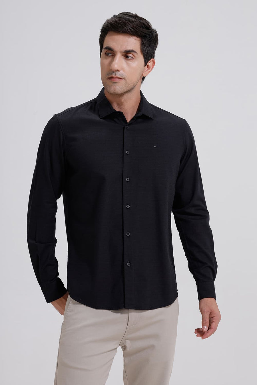 BASICS SLIM FIT BLACK INK COTTON DOBBY WEFT STRIPE SHIRT