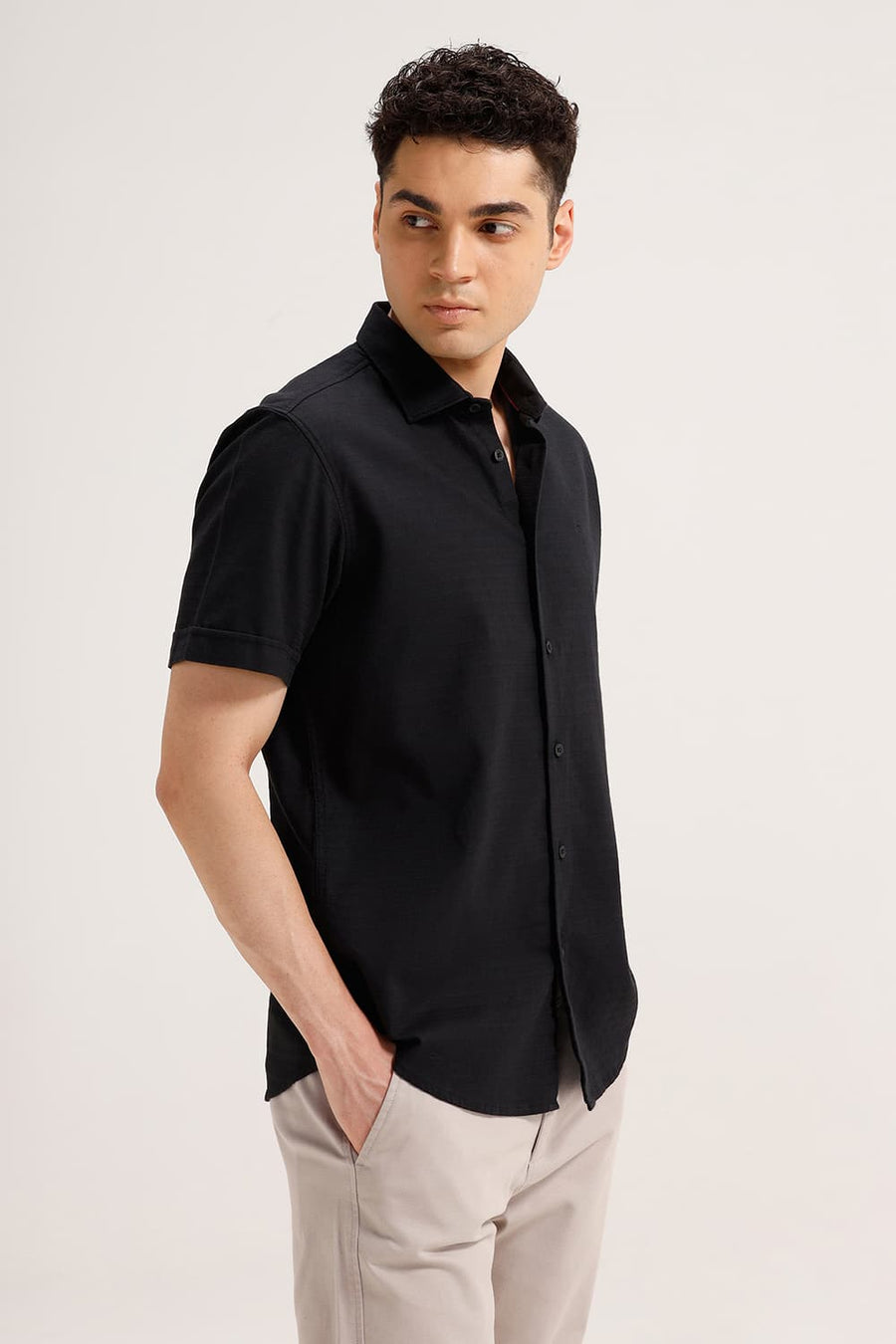 BASICS SLIM FIT BLACK INK COTTON DOBBY WEFT STRIPE HALFSLEEVES SHIRT