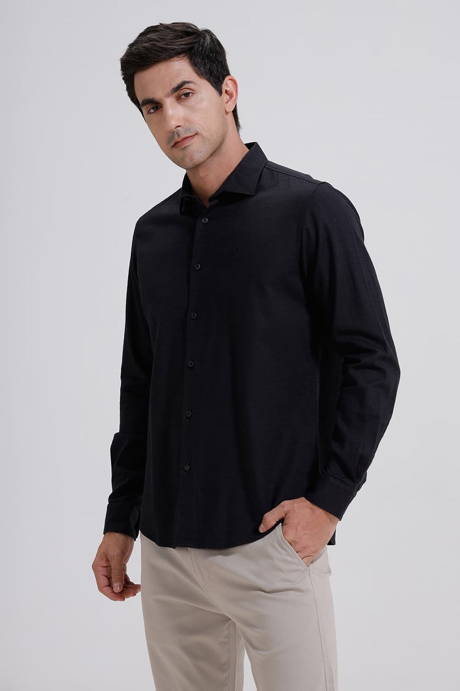 BASICS SLIM FIT BLACK INK COTTON DOBBY WEFT STRIPE SHIRT
