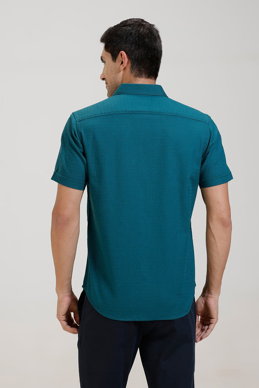 BASICS SLIM FIT TEAL GREEN COTTON DOBBY WEFT STRIPE HALFSLEEVES SHIRT