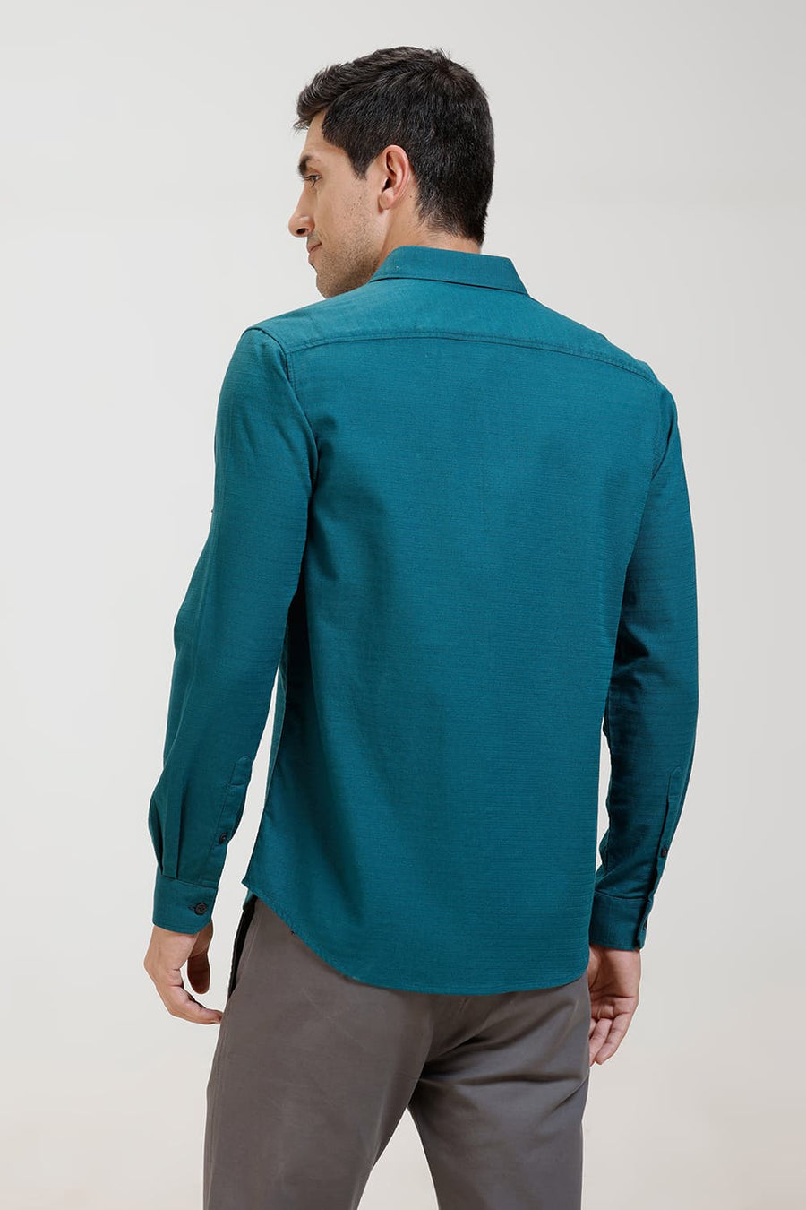 BASICS SLIM FIT TEAL GREEN COTTON DOBBY WEFT STRIPE SHIRT