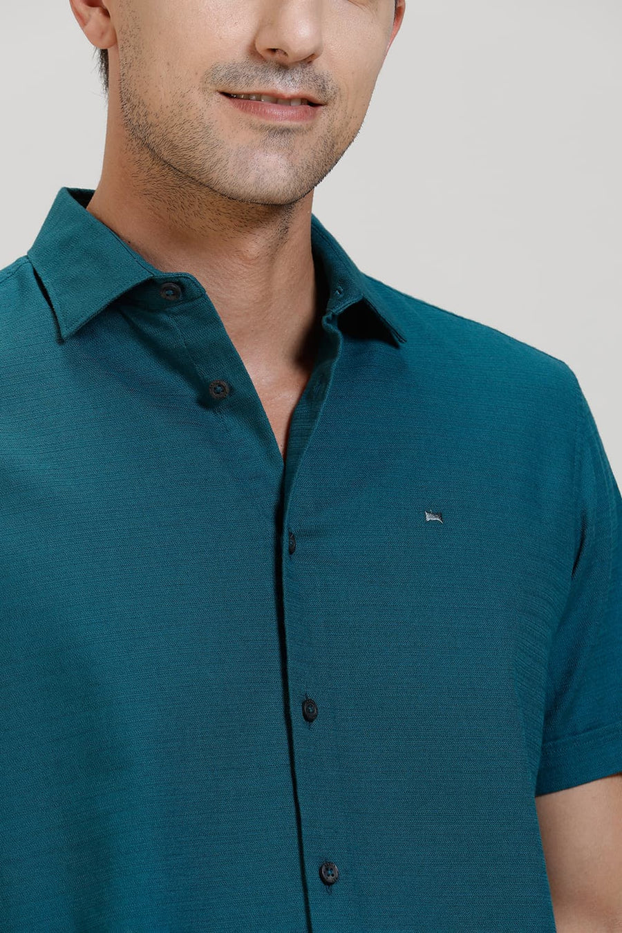 BASICS SLIM FIT TEAL GREEN COTTON DOBBY WEFT STRIPE HALFSLEEVES SHIRT