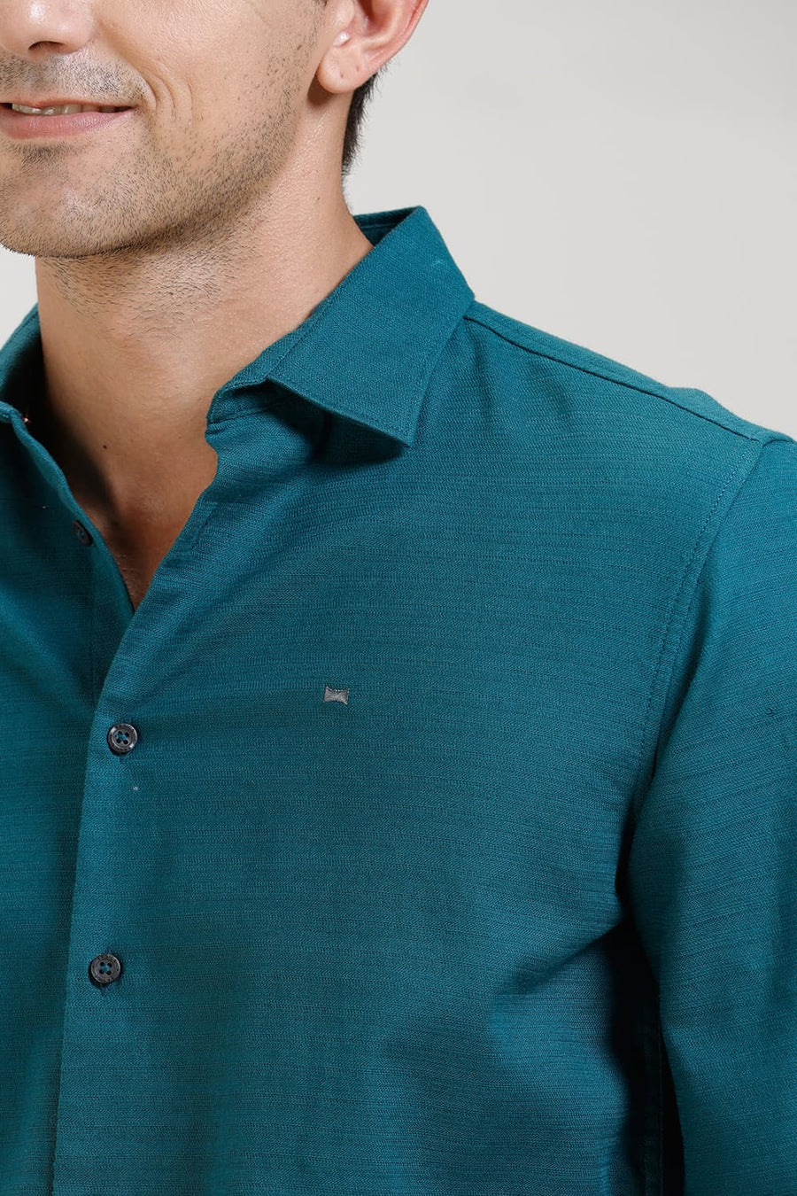 BASICS SLIM FIT TEAL GREEN COTTON DOBBY WEFT STRIPE SHIRT