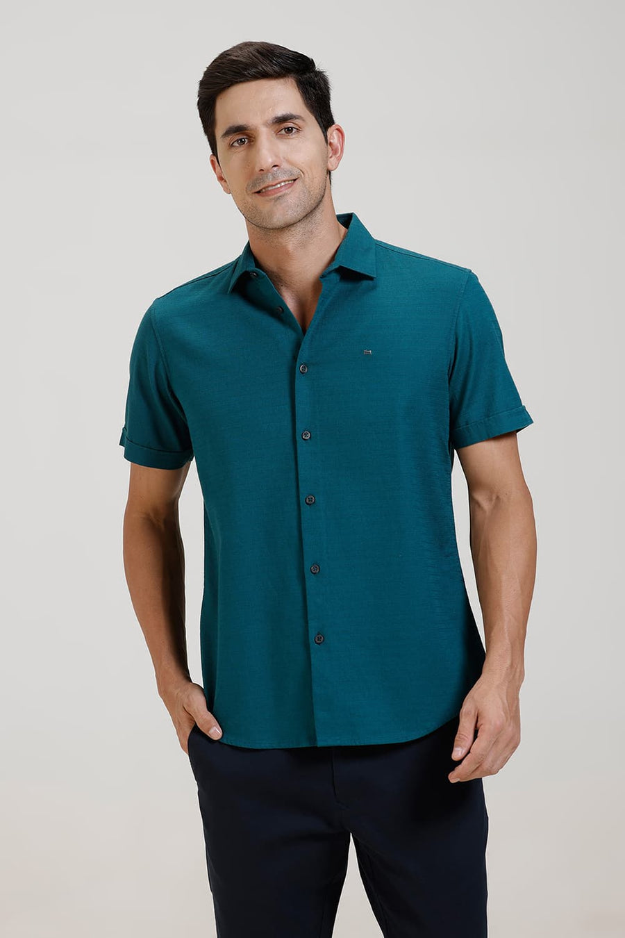 BASICS SLIM FIT TEAL GREEN COTTON DOBBY WEFT STRIPE HALFSLEEVES SHIRT