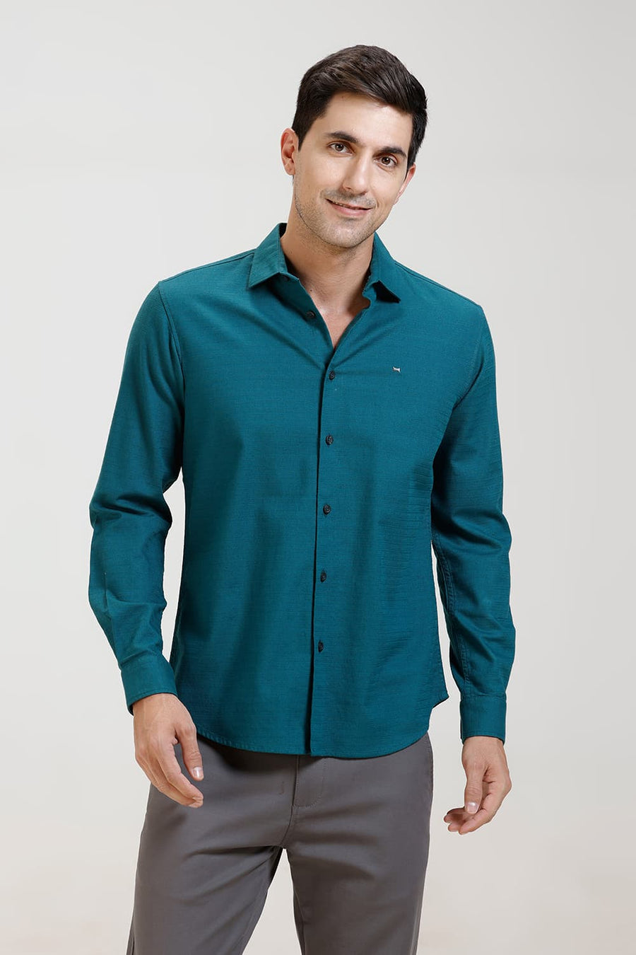 BASICS SLIM FIT TEAL GREEN COTTON DOBBY WEFT STRIPE SHIRT