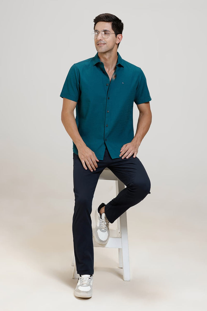 SLIM FIT COTTON DOBBY WEFT STRIPE HALFSLEEVES SHIRT