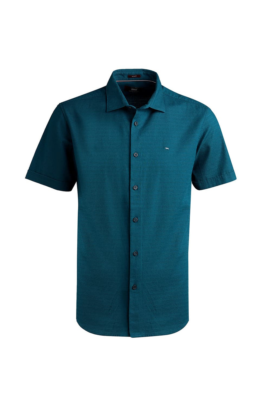 BASICS SLIM FIT TEAL GREEN COTTON DOBBY WEFT STRIPE HALFSLEEVES SHIRT