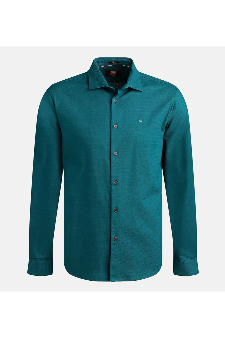 BASICS SLIM FIT TEAL GREEN COTTON DOBBY WEFT STRIPE SHIRT