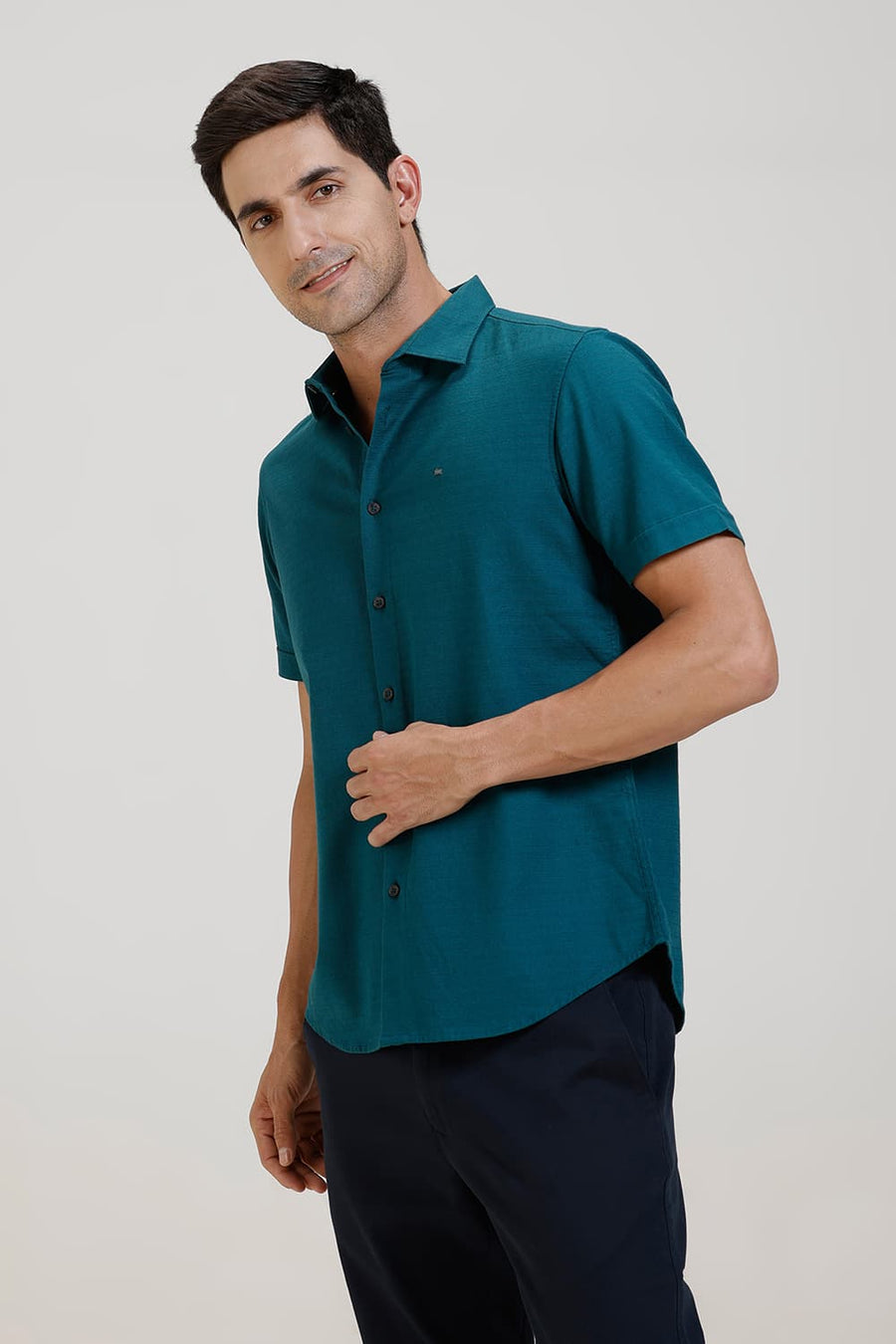 BASICS SLIM FIT TEAL GREEN COTTON DOBBY WEFT STRIPE HALFSLEEVES SHIRT