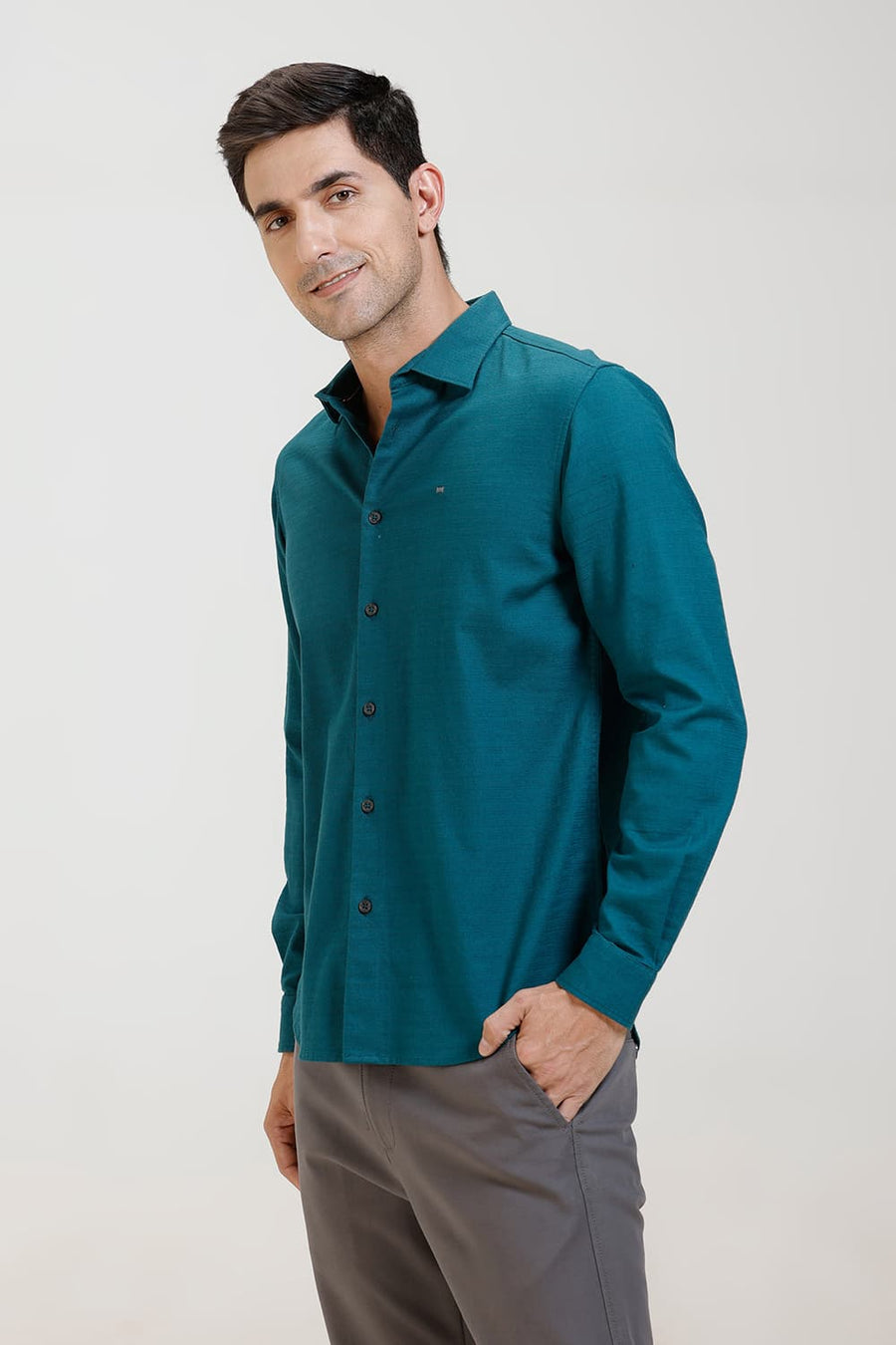 BASICS SLIM FIT TEAL GREEN COTTON DOBBY WEFT STRIPE SHIRT