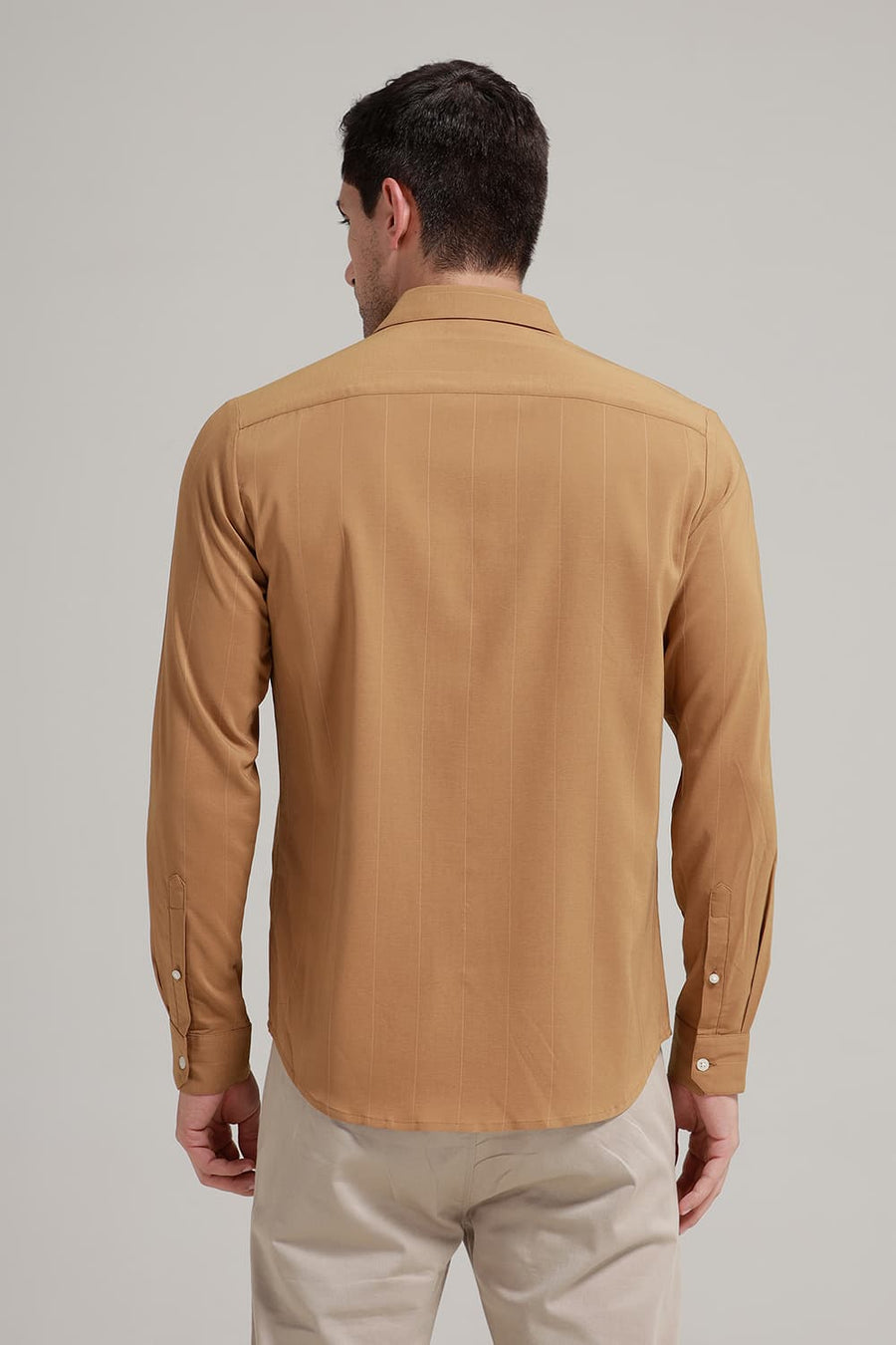 BASICS SLIM FIT CINNAMON MID BROWN VISCOSE POLYESTER STRETCH STRIPE SHIRT