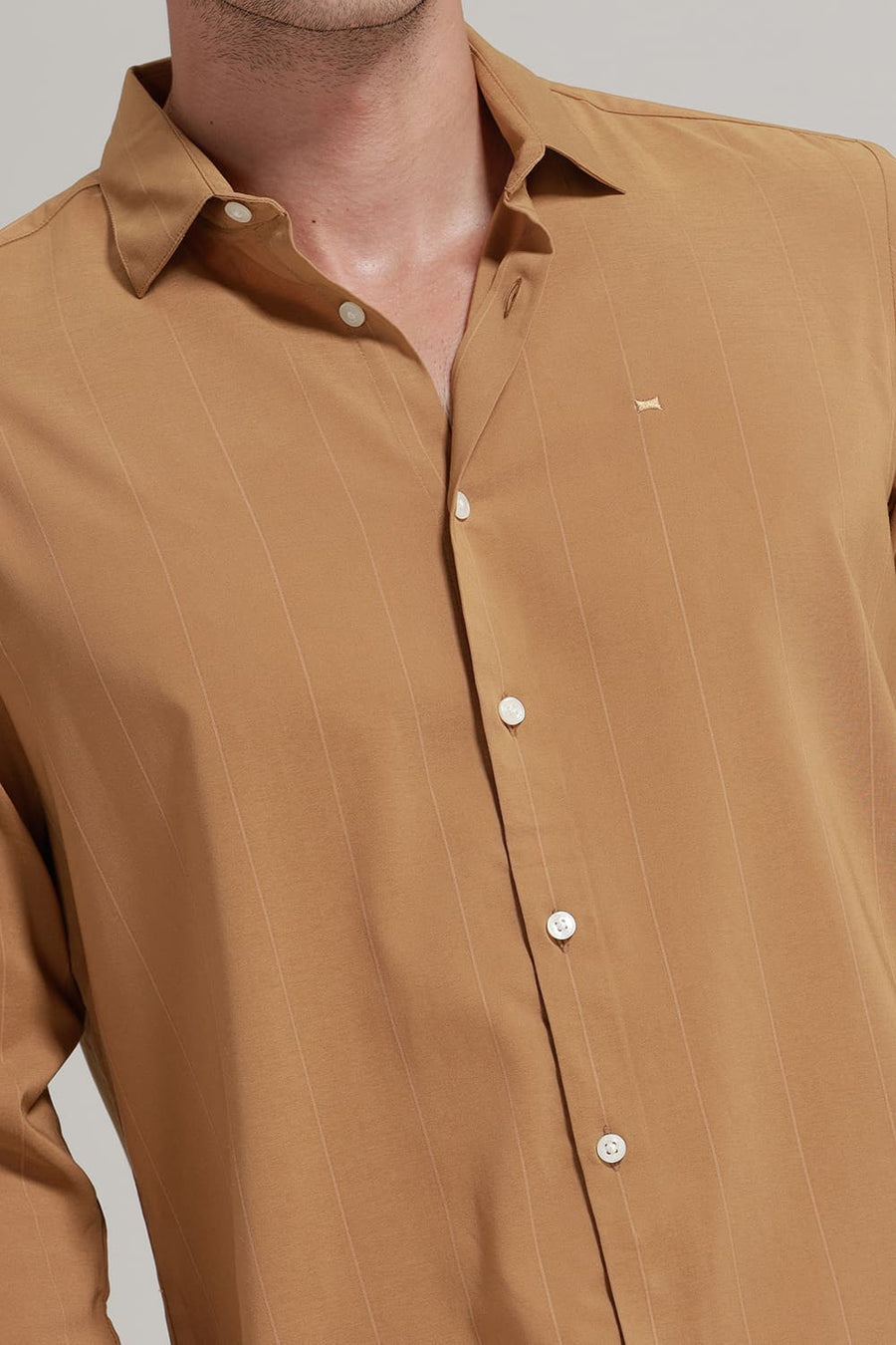 BASICS SLIM FIT CINNAMON MID BROWN VISCOSE POLYESTER STRETCH STRIPE SHIRT