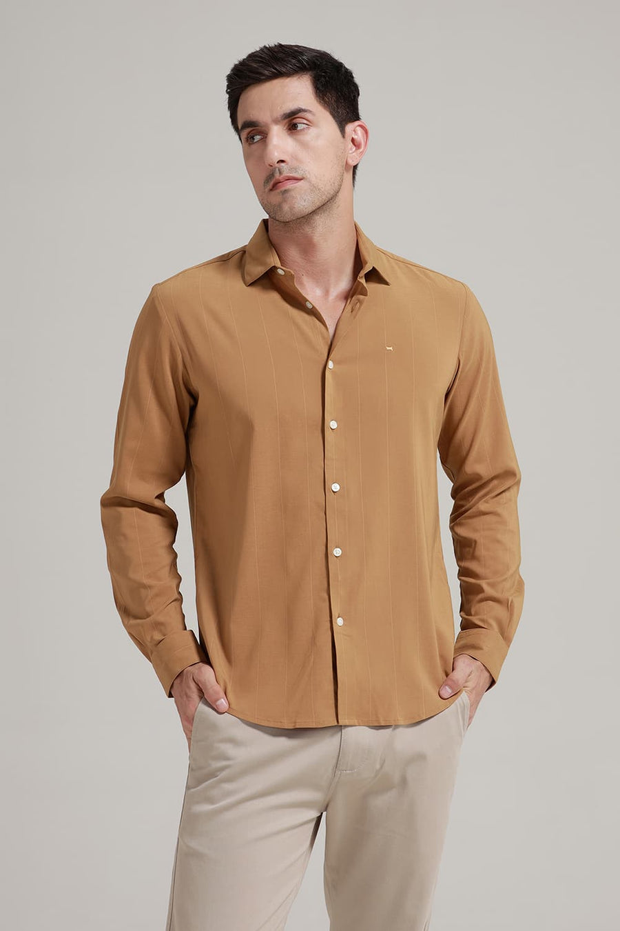BASICS SLIM FIT CINNAMON MID BROWN VISCOSE POLYESTER STRETCH STRIPE SHIRT