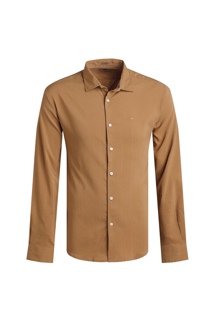 BASICS SLIM FIT CINNAMON MID BROWN VISCOSE POLYESTER STRETCH STRIPE SHIRT