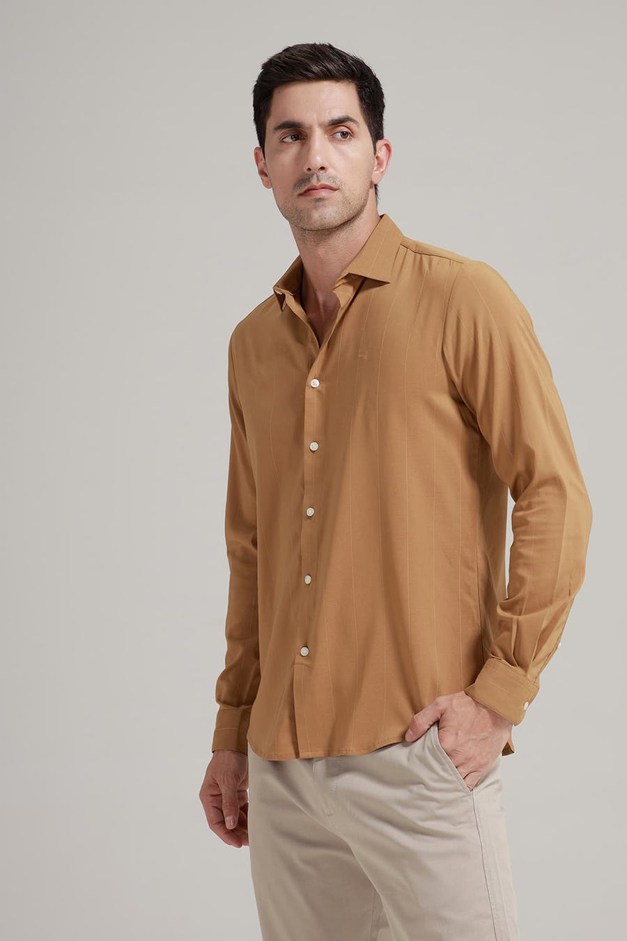 BASICS SLIM FIT CINNAMON MID BROWN VISCOSE POLYESTER STRETCH STRIPE SHIRT