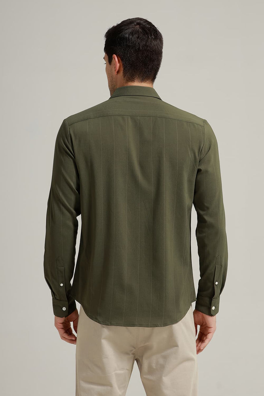 BASICS SLIM FIT THYME OLIVE VISCOSE POLYESTER STRETCH STRIPE SHIRT