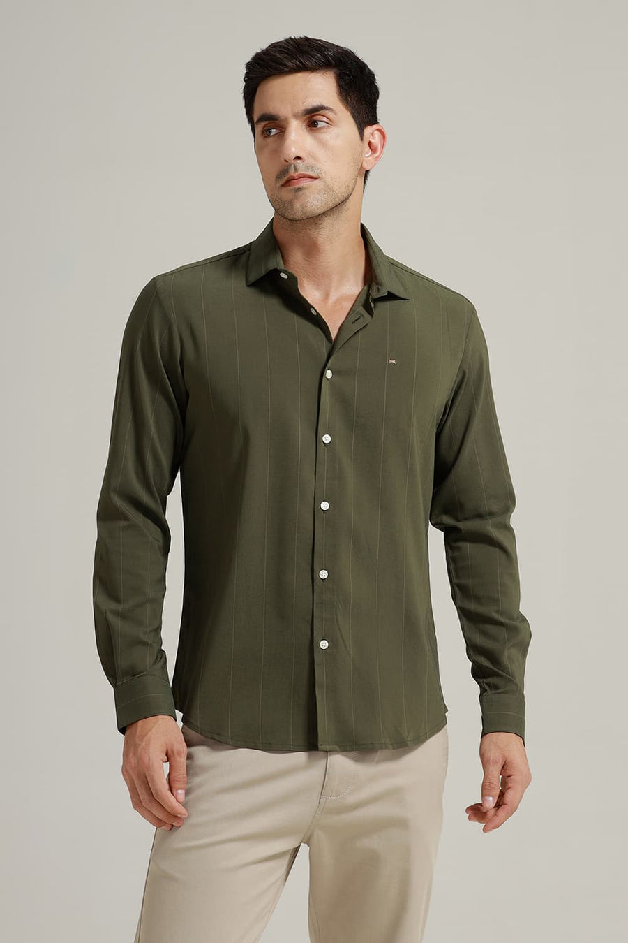 BASICS SLIM FIT THYME OLIVE VISCOSE POLYESTER STRETCH STRIPE SHIRT