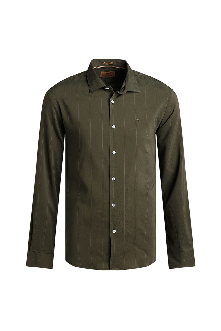 BASICS SLIM FIT THYME OLIVE VISCOSE POLYESTER STRETCH STRIPE SHIRT