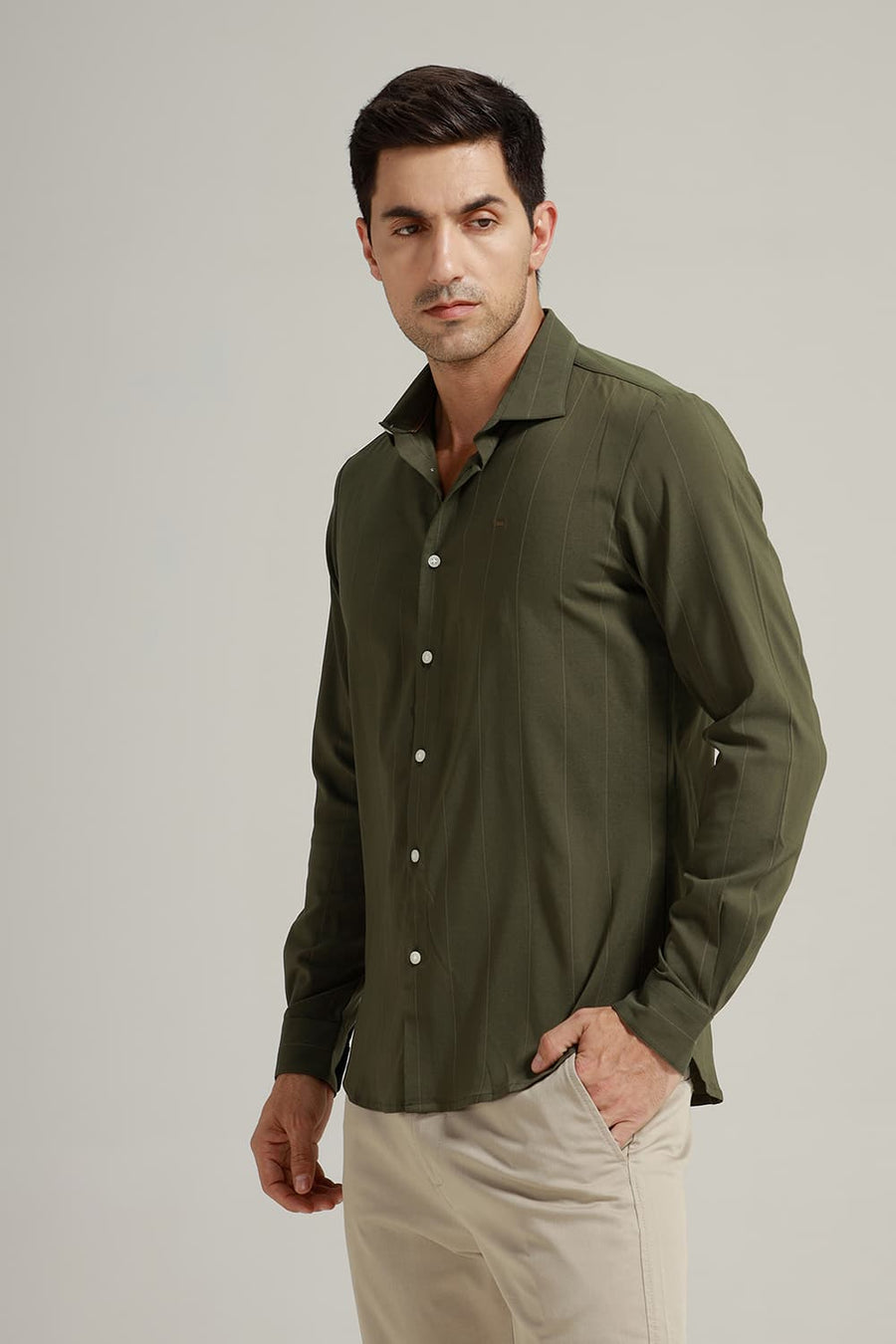 BASICS SLIM FIT THYME OLIVE VISCOSE POLYESTER STRETCH STRIPE SHIRT