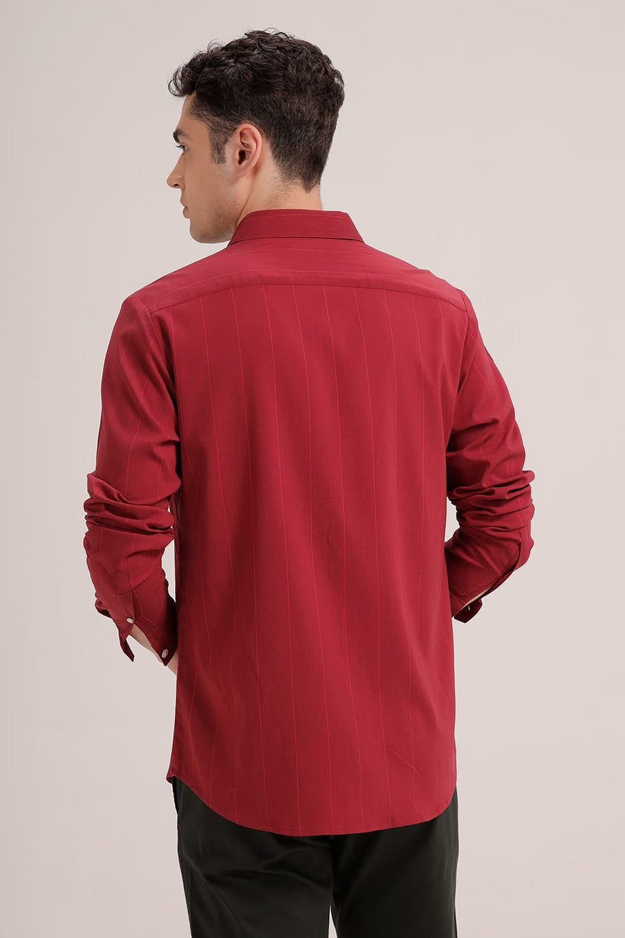 BASICS SLIM FIT BURNT MAROON VISCOSE POLYESTER STRETCH STRIPE SHIRT