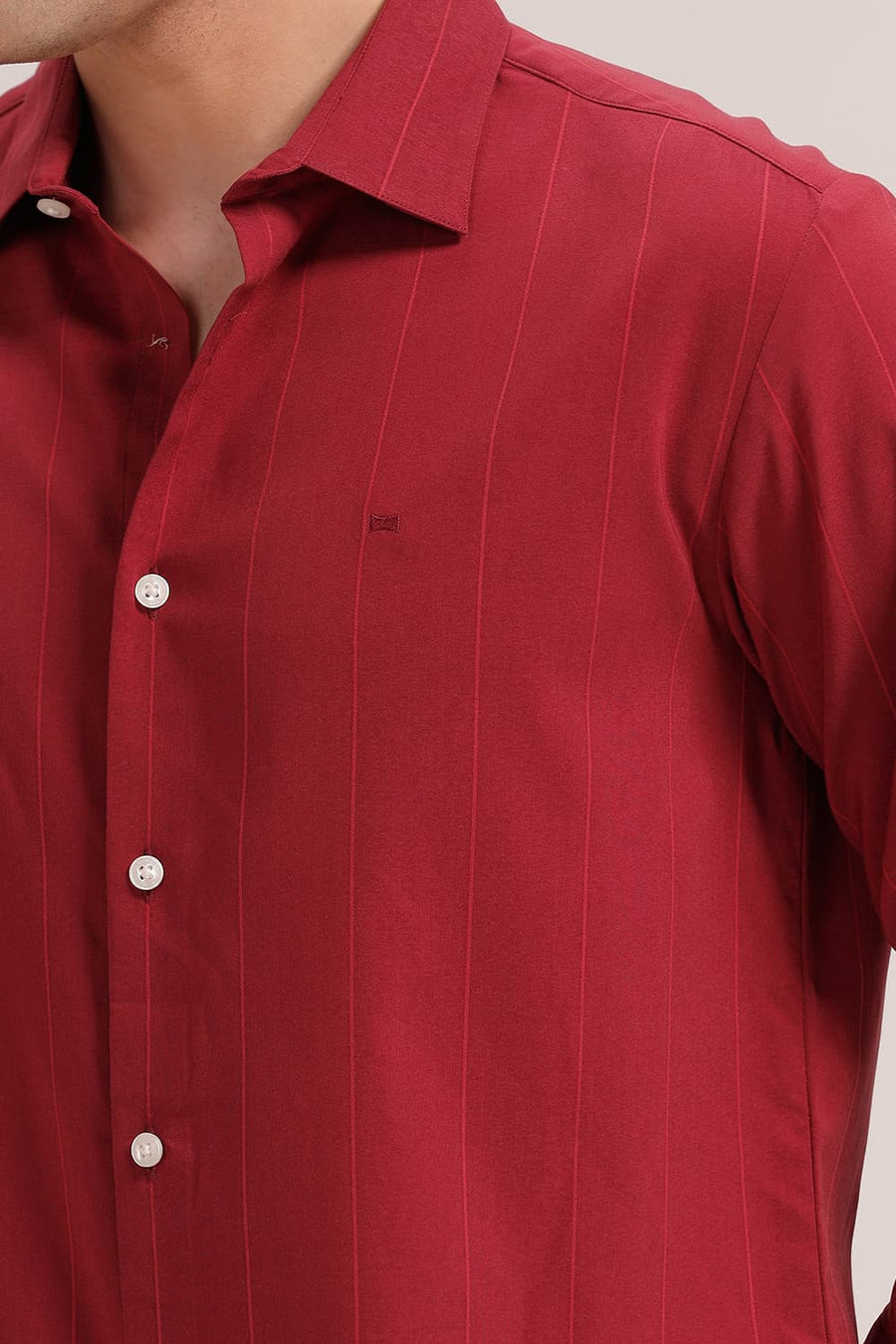 BASICS SLIM FIT BURNT MAROON VISCOSE POLYESTER STRETCH STRIPE SHIRT