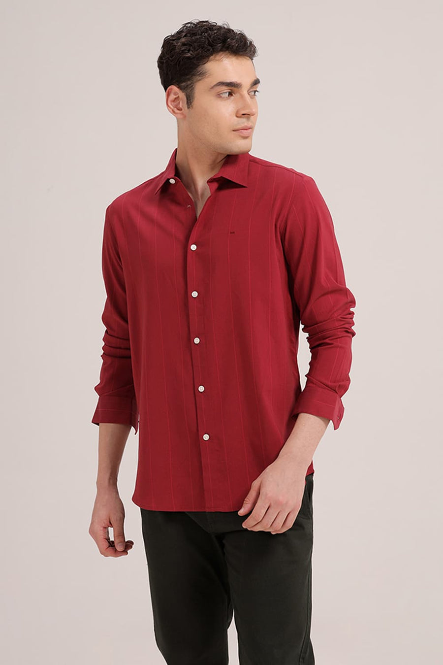 BASICS SLIM FIT BURNT MAROON VISCOSE POLYESTER STRETCH STRIPE SHIRT