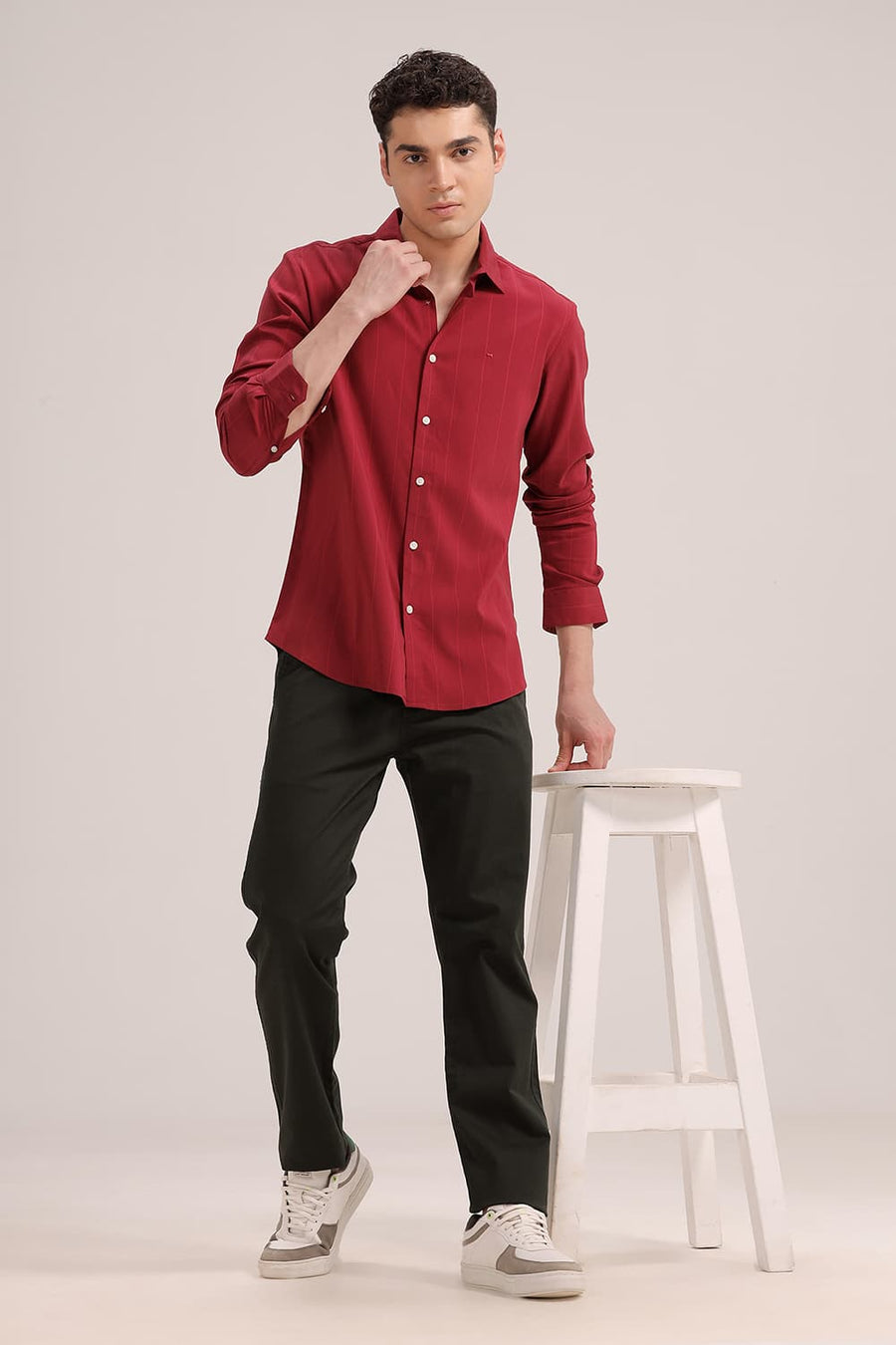 BASICS SLIM FIT BURNT MAROON VISCOSE POLYESTER STRETCH STRIPE SHIRT