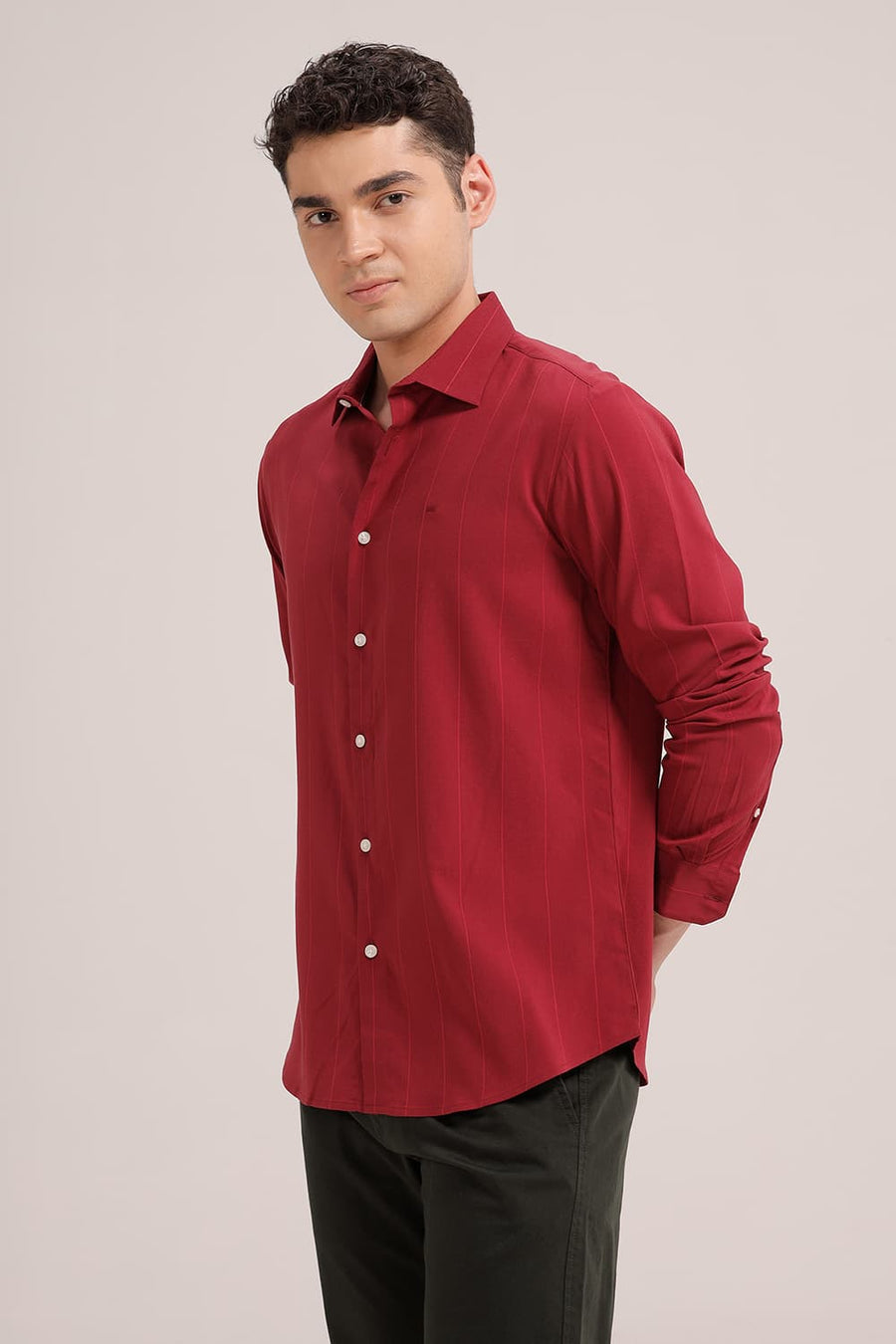 BASICS SLIM FIT BURNT MAROON VISCOSE POLYESTER STRETCH STRIPE SHIRT
