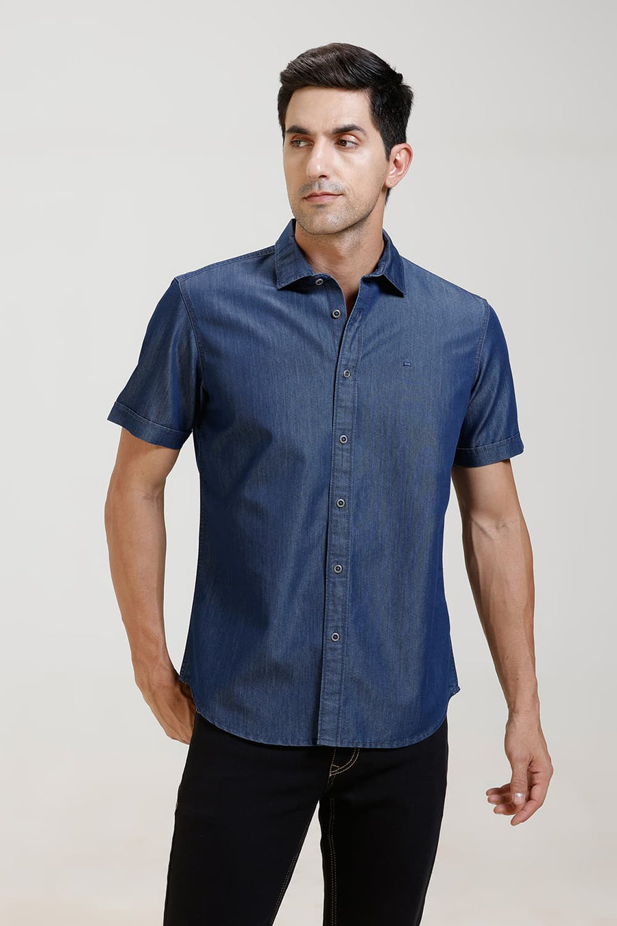 BASICS SLIM FIT SEA BLUE INDIGO HALFSLEEVES SHIRT