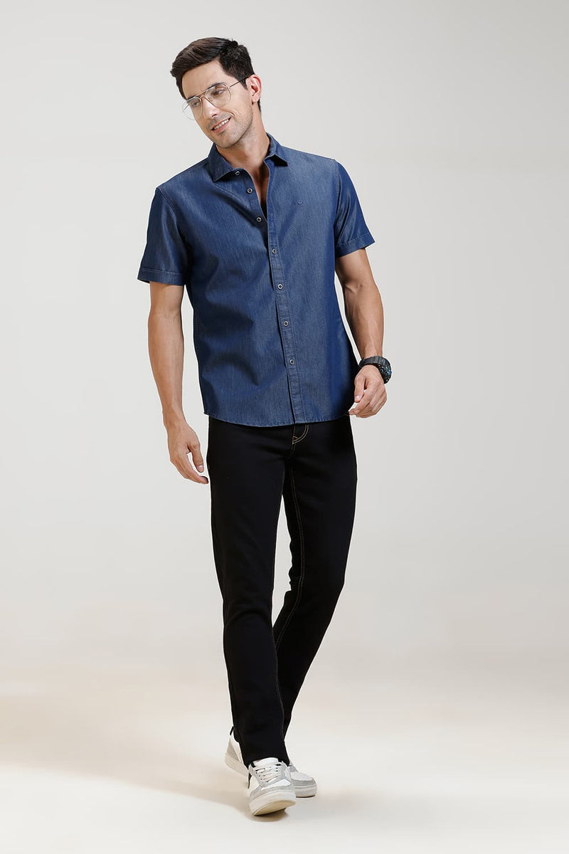 SLIM FIT INDIGO HALFSLEEVES SHIRT