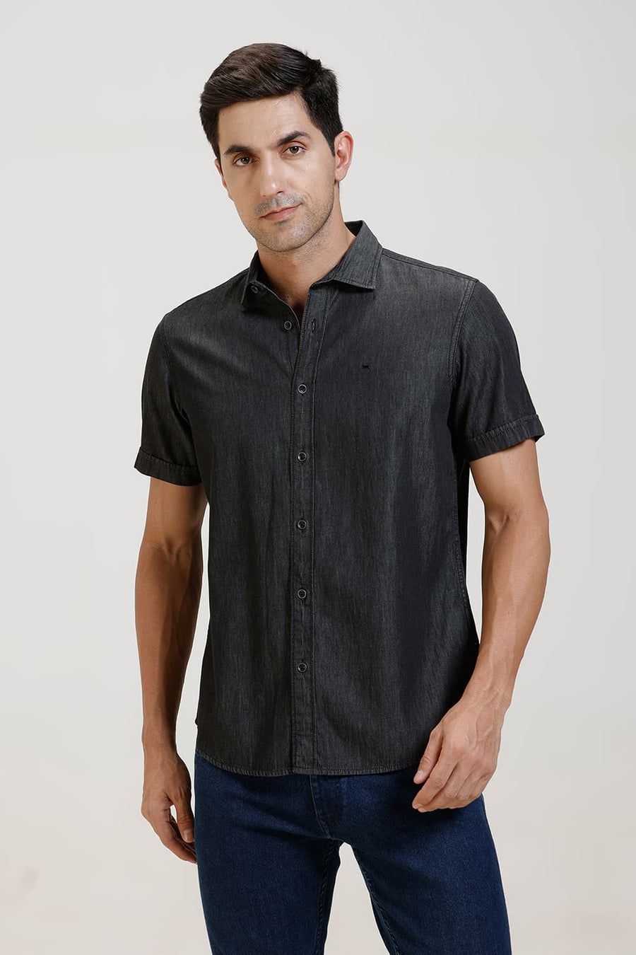 BASICS SLIM FIT BRISTOL BLACK COTTON SULPHUR HALFSLEEVES SHIRT