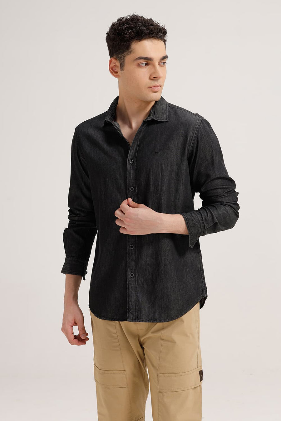BASICS SLIM FIT BRISTOL BLACK COTTON SULPHUR SHIRT
