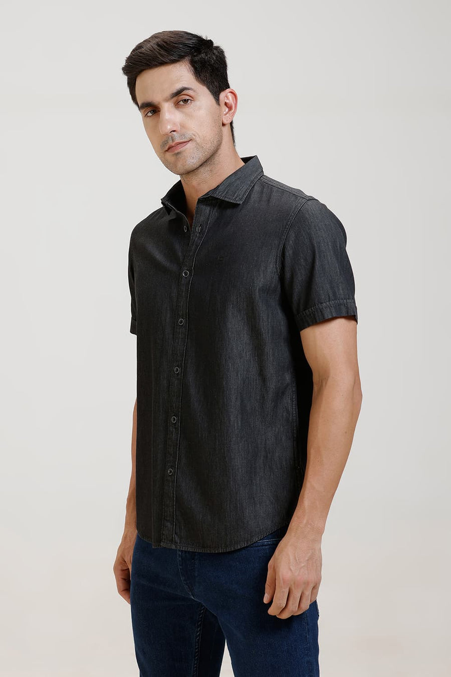 BASICS SLIM FIT BRISTOL BLACK COTTON SULPHUR HALFSLEEVES SHIRT