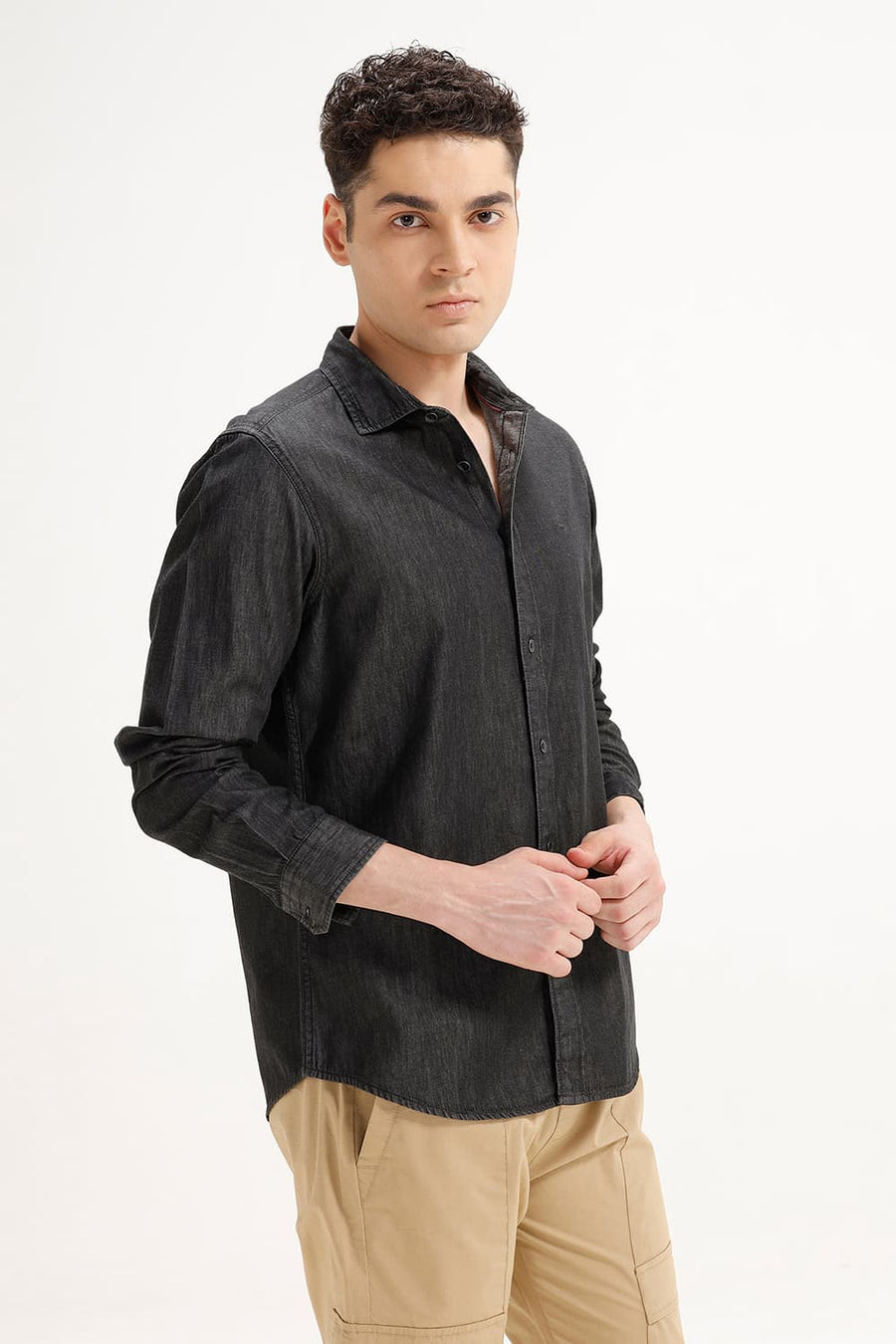 BASICS SLIM FIT BRISTOL BLACK COTTON SULPHUR SHIRT