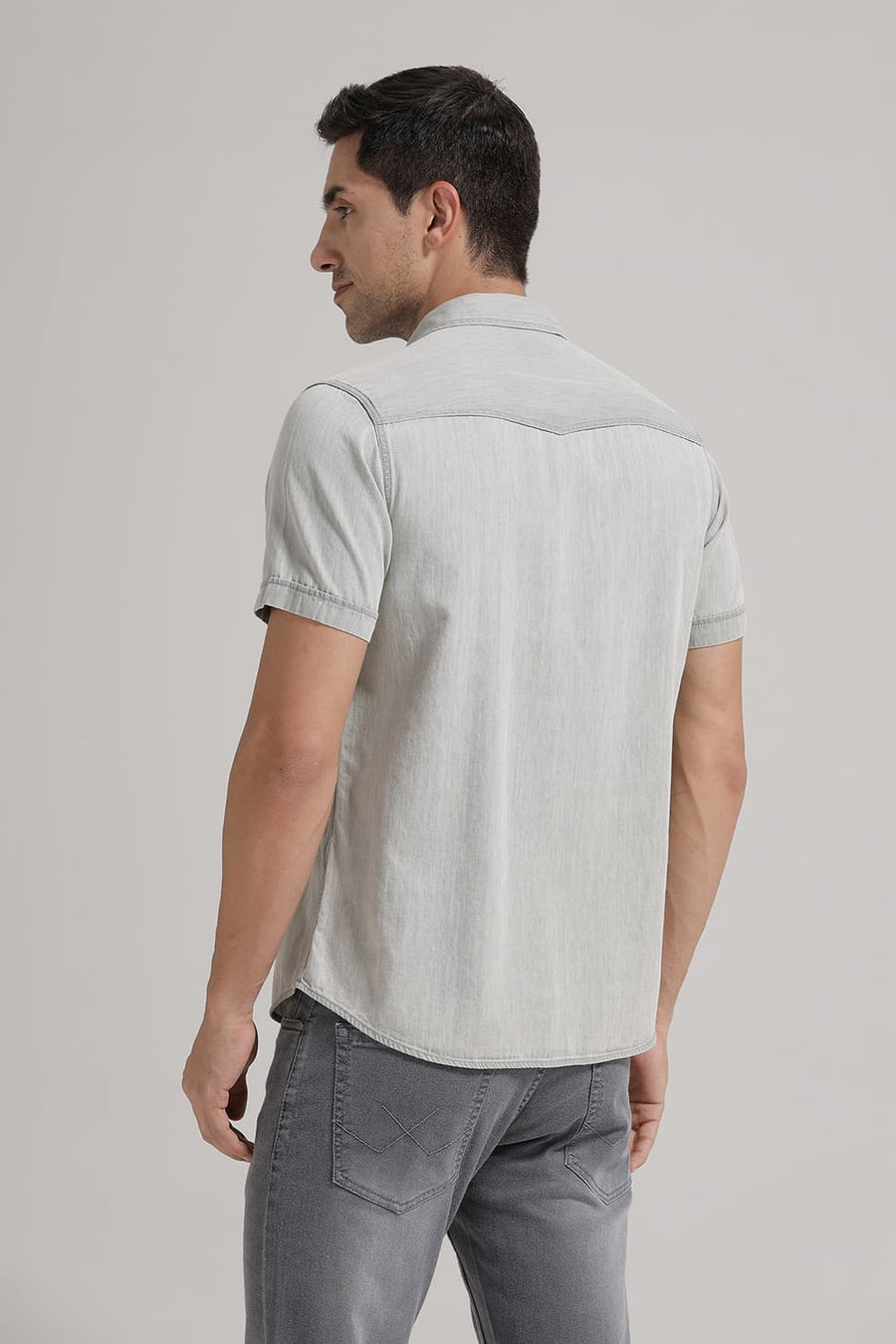 BASICS SLIM FIT CLOUD GREY COTTON SULPHUR HALFSLEEVES SHIRT