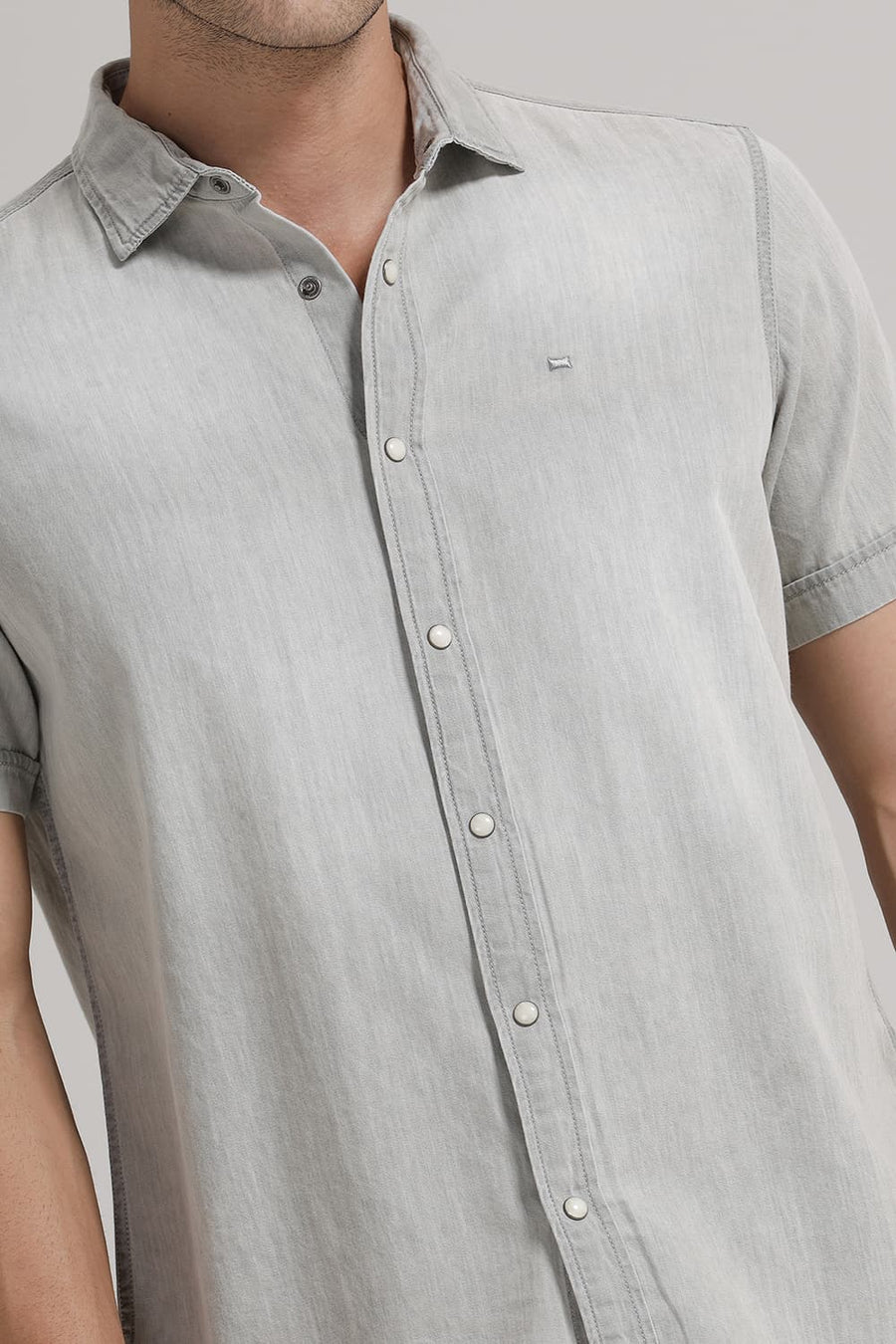 BASICS SLIM FIT CLOUD GREY COTTON SULPHUR HALFSLEEVES SHIRT