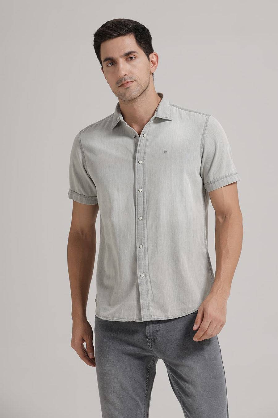 BASICS SLIM FIT CLOUD GREY COTTON SULPHUR HALFSLEEVES SHIRT